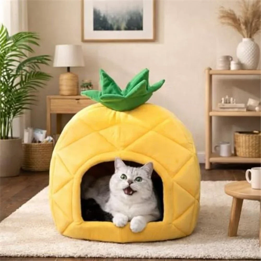 Self Warming Cat Bed Pineapple Kitty Cave Small Indoor Pet Sleeping House Nest